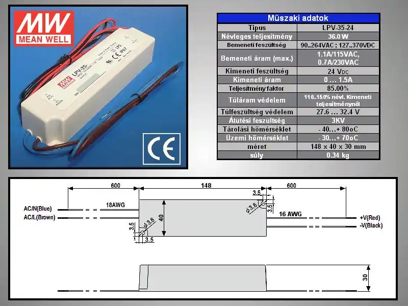 Mean Well LPV-35-24 feszültséggenerátoros LED tápegység 35W/24VDC Árcsökkenés