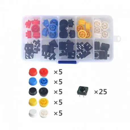 25 db tapintható nyomógombos kapcsoló pillanatnyi 12 * 12 * 7,3 mm mikrokapcsoló gomb 25 db tapintósapka (5 szín) Csak ma