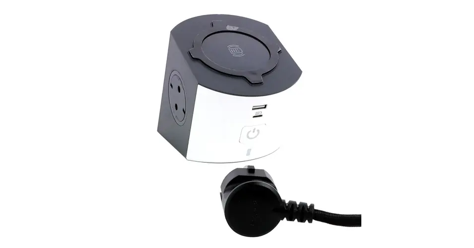 Olcsó Multifunkciós elosztó 2x2P+F, indukciós töltővel, USB-A + USB-C, 2 m vezetékkel, szürke-fehér