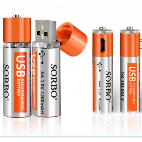 2 db AA 2 db AAA SORBO USB újratölthető akkumulátor, 1,5 V, 1200 mAh Li akkumulátor, 1 órás gyors töltés, 1000-szeres Legkelendőbb