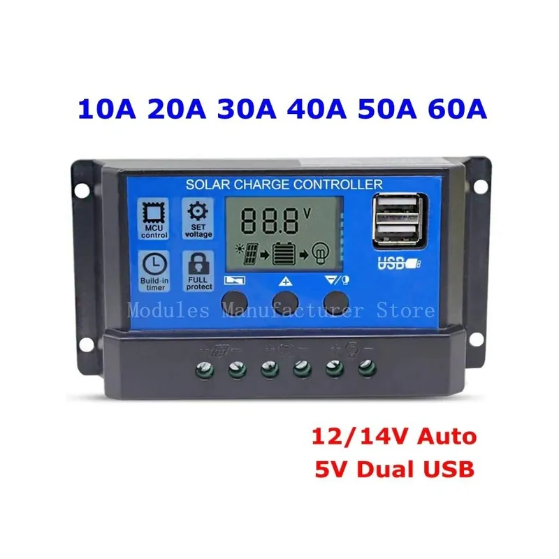 20A - 10A 20A 30A 40A 50A 60A automatikus PWM napelemes töltésvezérlő 12V 24V LCD-vel, kettős USB 5V kimenetű napelemes Különleges ajánlat
