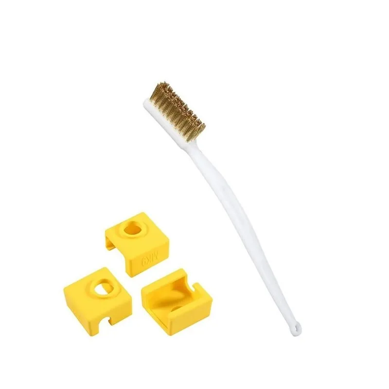 Sárga - 3D nyomtatótisztító kefe rézhuzal és 3 db fűtőblokk szilikon burkolata MK7/8/9 Hotend extruder Creality CR-10/S4 Ingyenes szállítás
