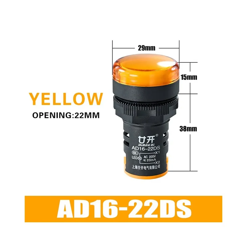Azonnal elérhető ACDC 12V-Sárga-lde Teljesítményjelző beépített panel Indikátor Jelző lámpa 12V 24V 220V 380V 22mm