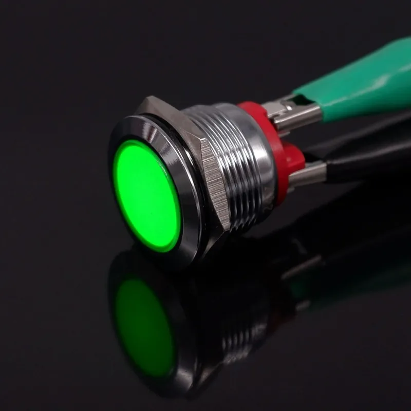 Gyors kiszállítás 12-24V Csavar lábú-Zöld-19mm LED Fém Gép Jelző lámpa Kerek LED Lapos fejű Jelző Jelzőlámpa Csavaros terminál 12V 24V 220v