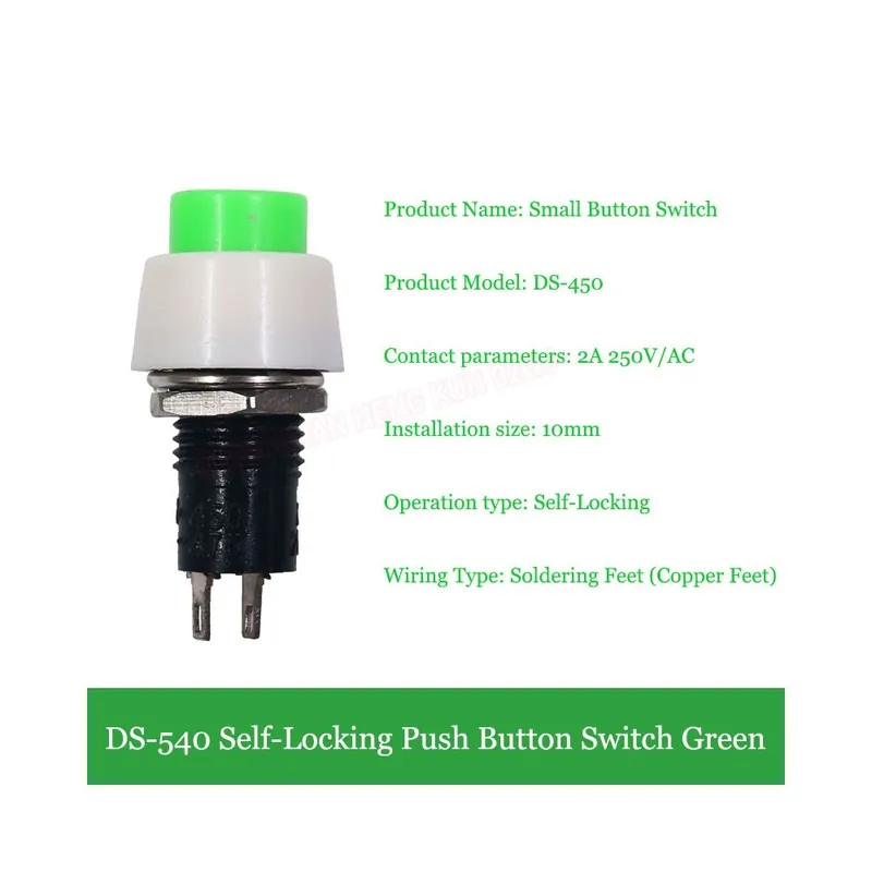 10db-ANKG-DS-450-Zöld-Hálózati kapcsoló gomb DS450 /DS451 Önzáró Kerek Érintkező Kapcsoló Normál Nyitott 2A 250V 10mm Ne maradj le