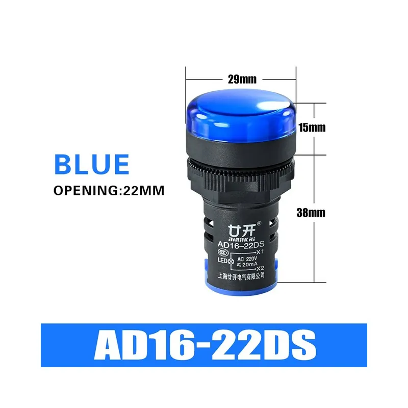 Kiárusítás AC 220V-Kék-lde Teljesítményjelző beépített panel Indikátor Jelző lámpa 12V 24V 220V 380V 22mm