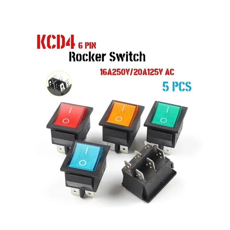 Újdonság 5 db-Piros-2D6P-Világítás-KCD4 6 Tűs 31X26mm 2/3 Pozíciós kapcsoló Reteszelő Világítással 16A 250VAC 20A 125VAC