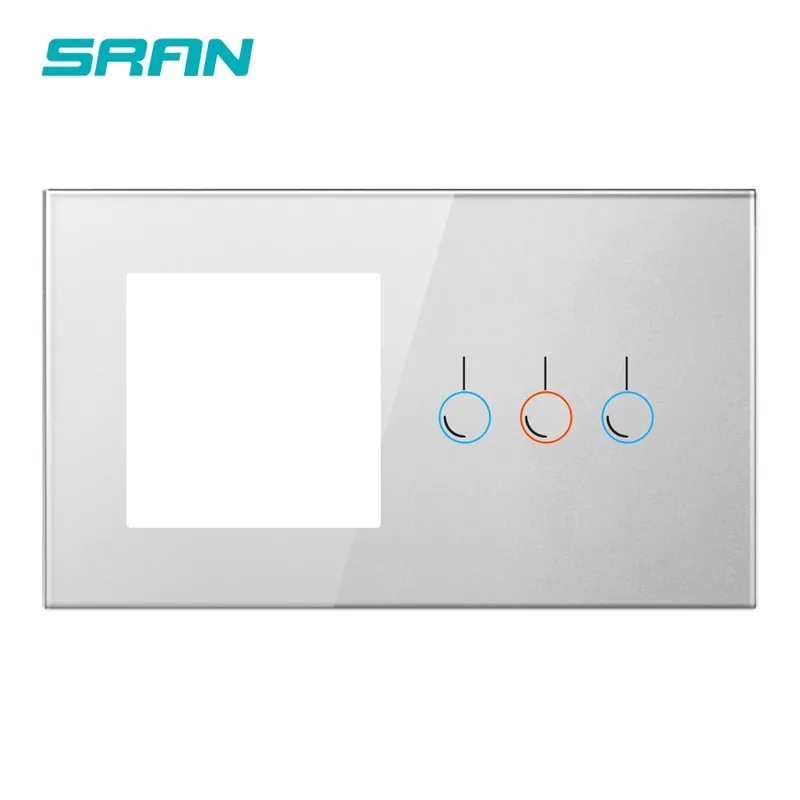 Vedd meg online Ezüst színű 3 soros-SRAN Üres panel Vaslemez 146mm*86mm Edzett kristály üveg Kapcsoló aljzat Kombinációs modul