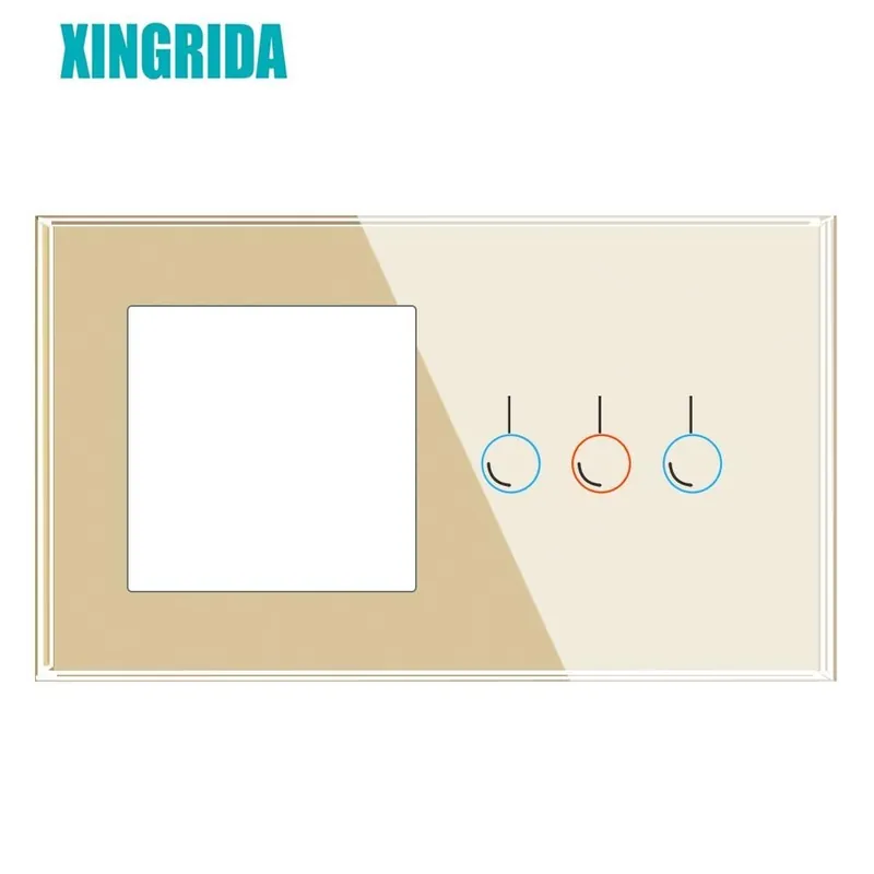 Arany színű 3 soros-XINGRIDA Üres panel Vaslemez 146mm*86mm Edzett kristály üveg Kapcsoló aljzat panel Kombinációs modul Bestseller