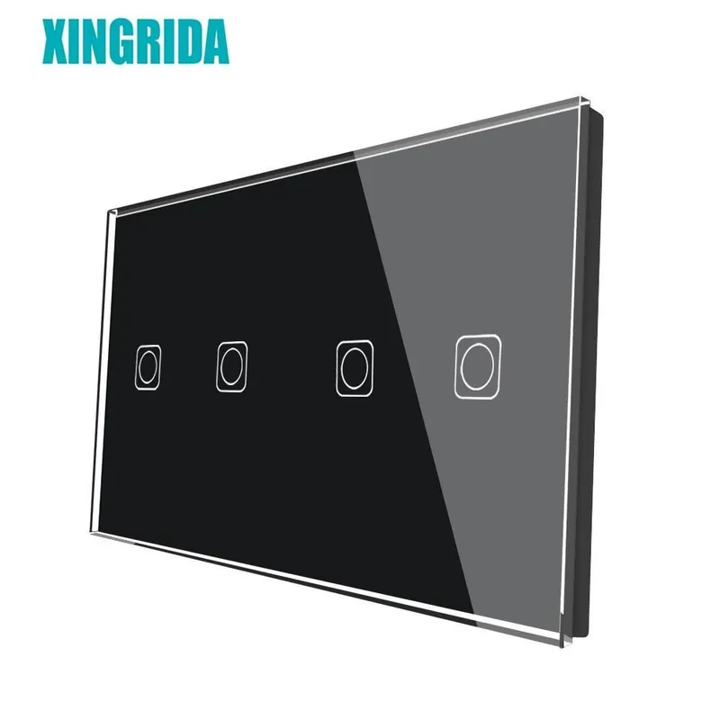 Fekete 4 soros-XINGRIDA F-szériás Üres panel 153mm*82mm Edzett kristály üveg Fali érintőkapcsoló Csak panel vaslemez nélkül Prémium