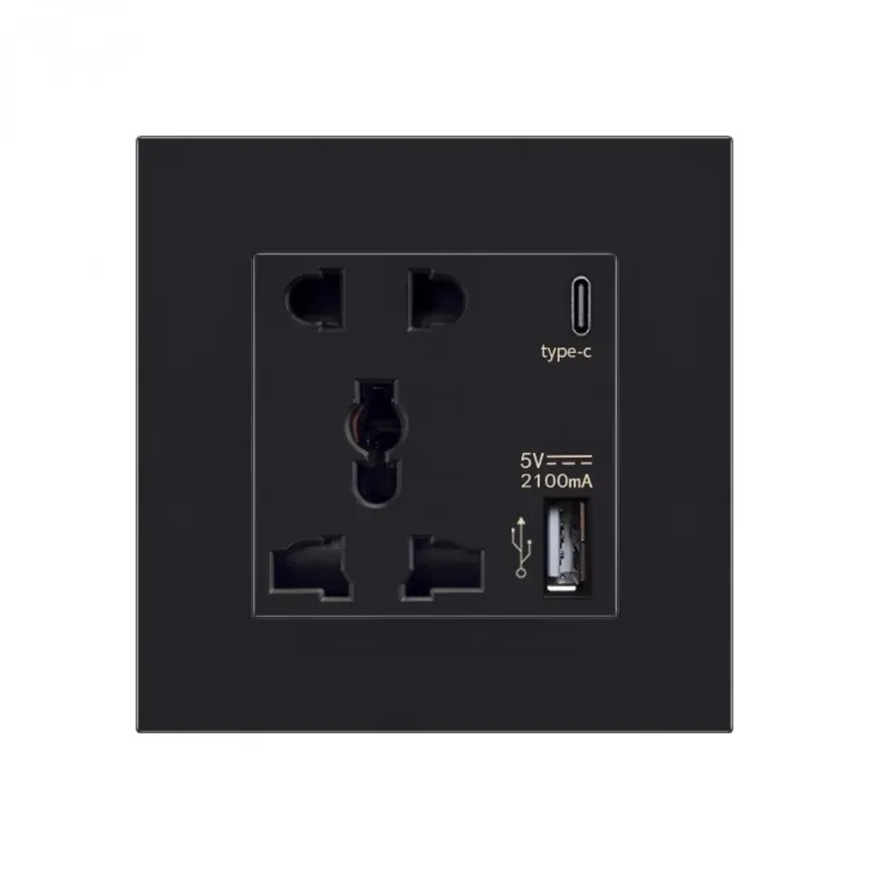 Alacsony ár Fekete-Univerzális 5-lyuk USB Fali Aljzat C-típus Gyors töltés Dual hálózati csatlakozóaljzat AC110V-250V