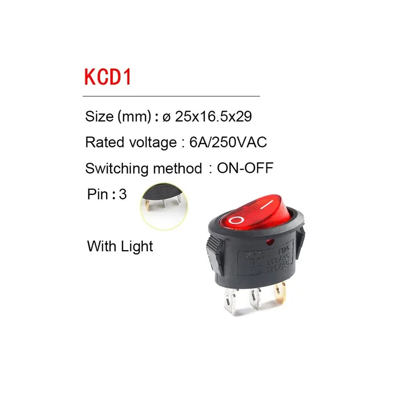 3Tűs Piros világítással-5db KCD1 25*16,5mm Mini Kerek Billenőkapcsoló SPST ON-ON ON-OFF ON-OFF-ON 6A/250VAC Világítással Nézd meg most