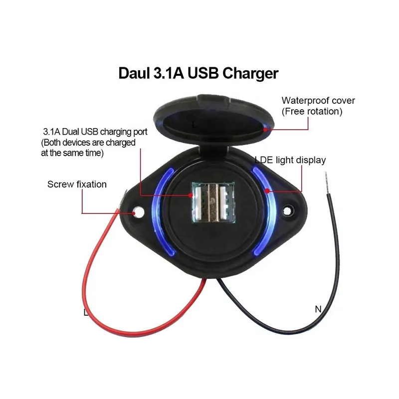 Árcsökkenés Kék-12V 24V Bemenet 5V 2,1A és 1A Dual Kettős kimenet Busz USB Port Töltő csatlakozóaljzat LED-es háttérvilágítással