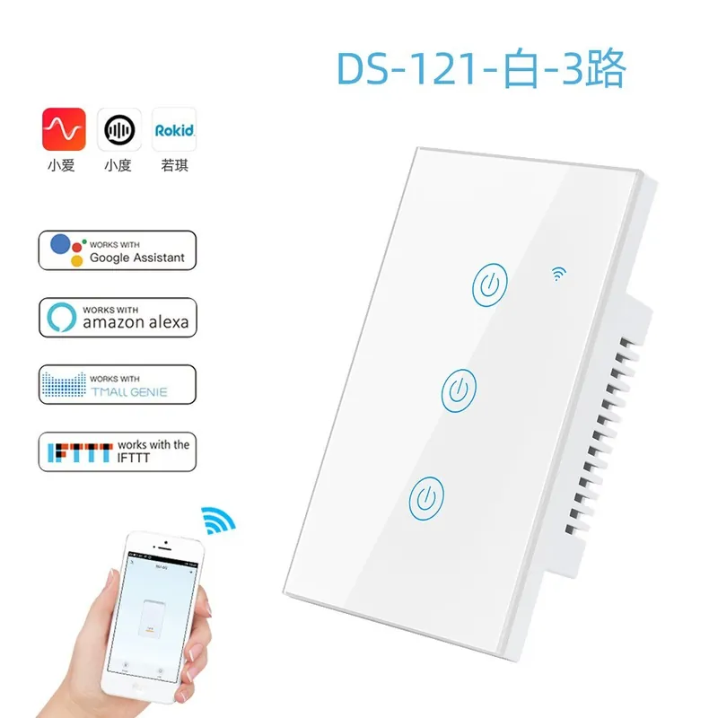 3 soros Fehér-170-220V Univerzális Smart Villanykapcsolók Amerikai szabvány Smart Wifi Hangvezérlős Alexa Biztonságos vásárlás