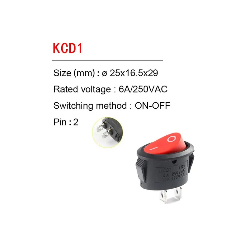 2Tűs Piros Fekete-5db KCD1 25*16,5mm Mini Kerek Billenőkapcsoló SPST ON-ON ON-OFF ON-OFF-ON 6A/250VAC Világítással Újdonság