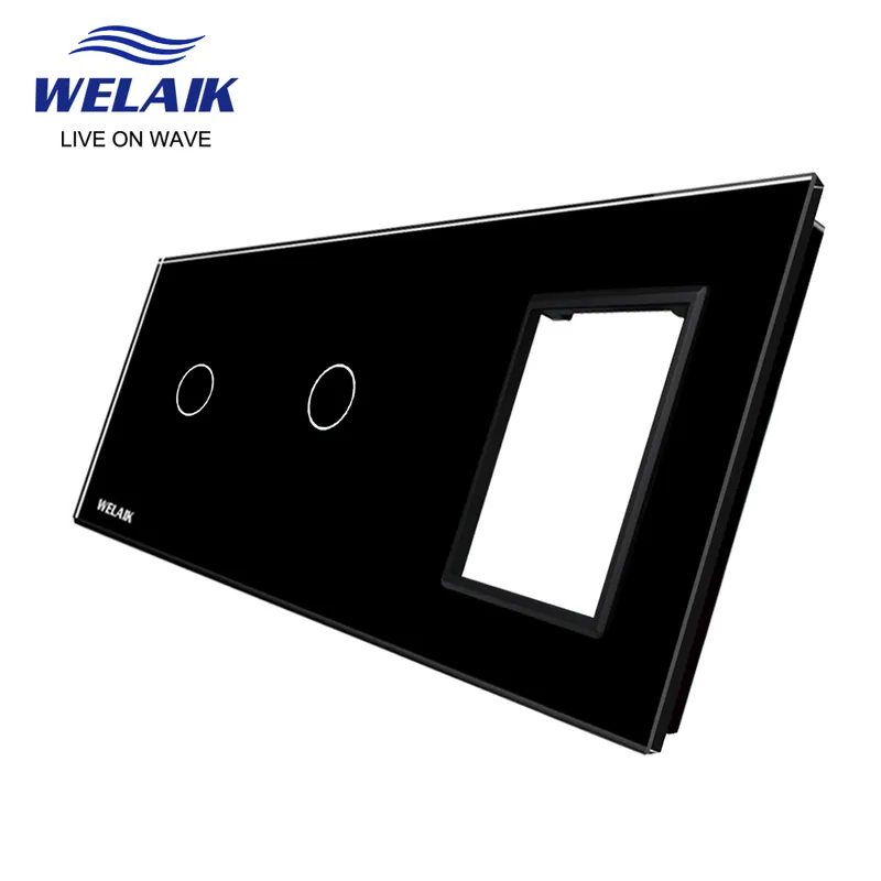 Fekete-WELAIK EU 3 keretes 222*80mm Fali Kapcsoló aljzat Kimenet Négyzet alakú Edzett kristály Csak Üveg Panel A39118W1 Vásárlói kedvenc