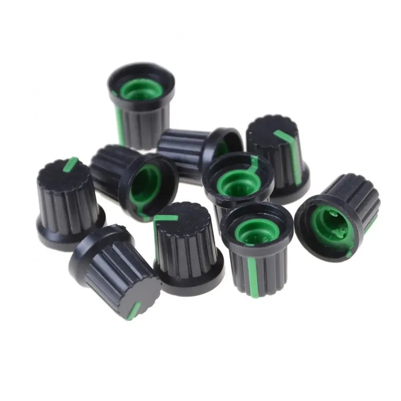 Zöld-10 db gomb 6mm tengely furat átmérő Műanyag Csavarmenetes Recézett Potenciométer gomb kupak Csak ma